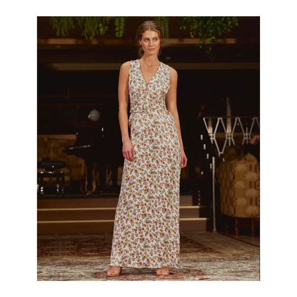 NEW $488 byTiMo Crepe Floral Printed Satin Belted Maxi Dress